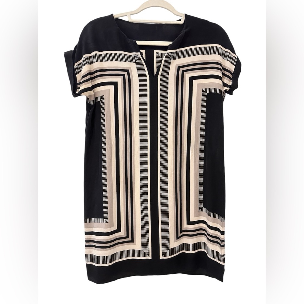 Cynthia Rowley Geometric Print 100% Silk Tunic Dress Black & Cream Size 2